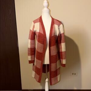 Monteau Los Angeles Plaid Open-Front Cardigan - Red and Cream - size xs